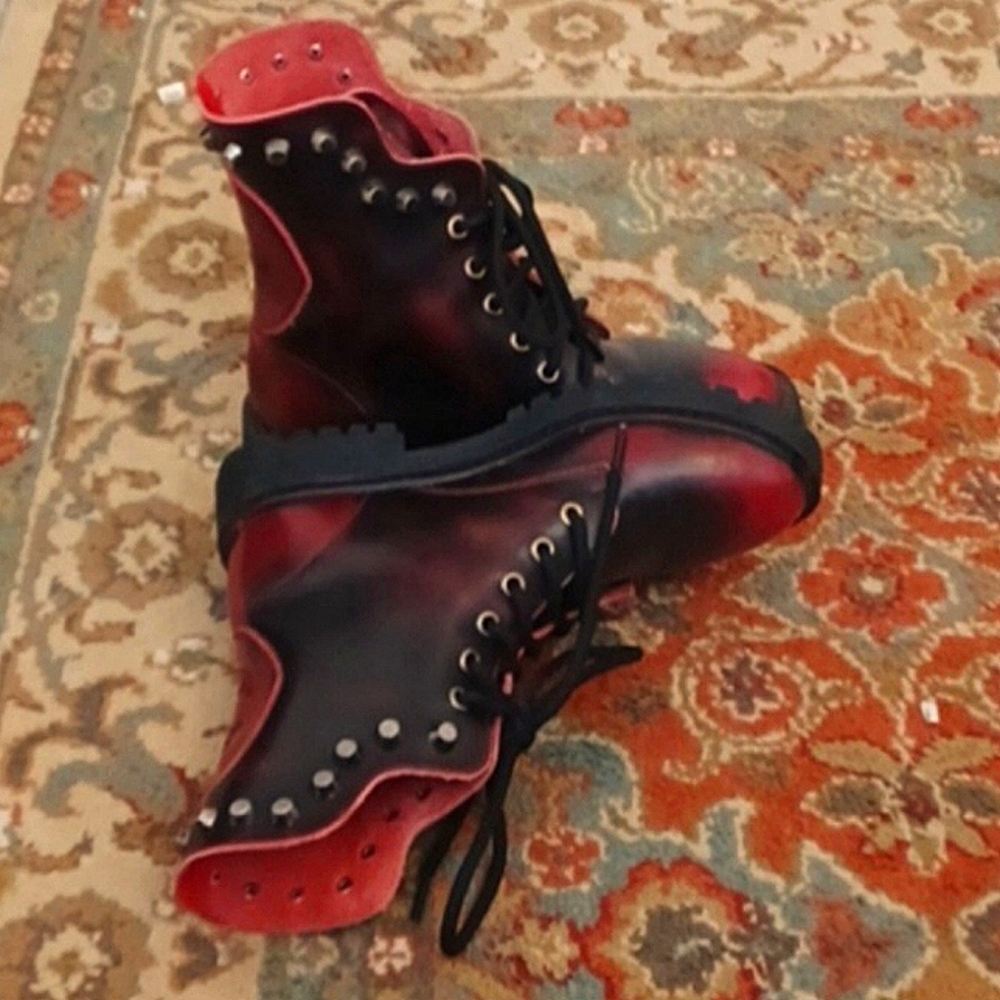 Red and black goth boots size 5.5 studded with skull on backs